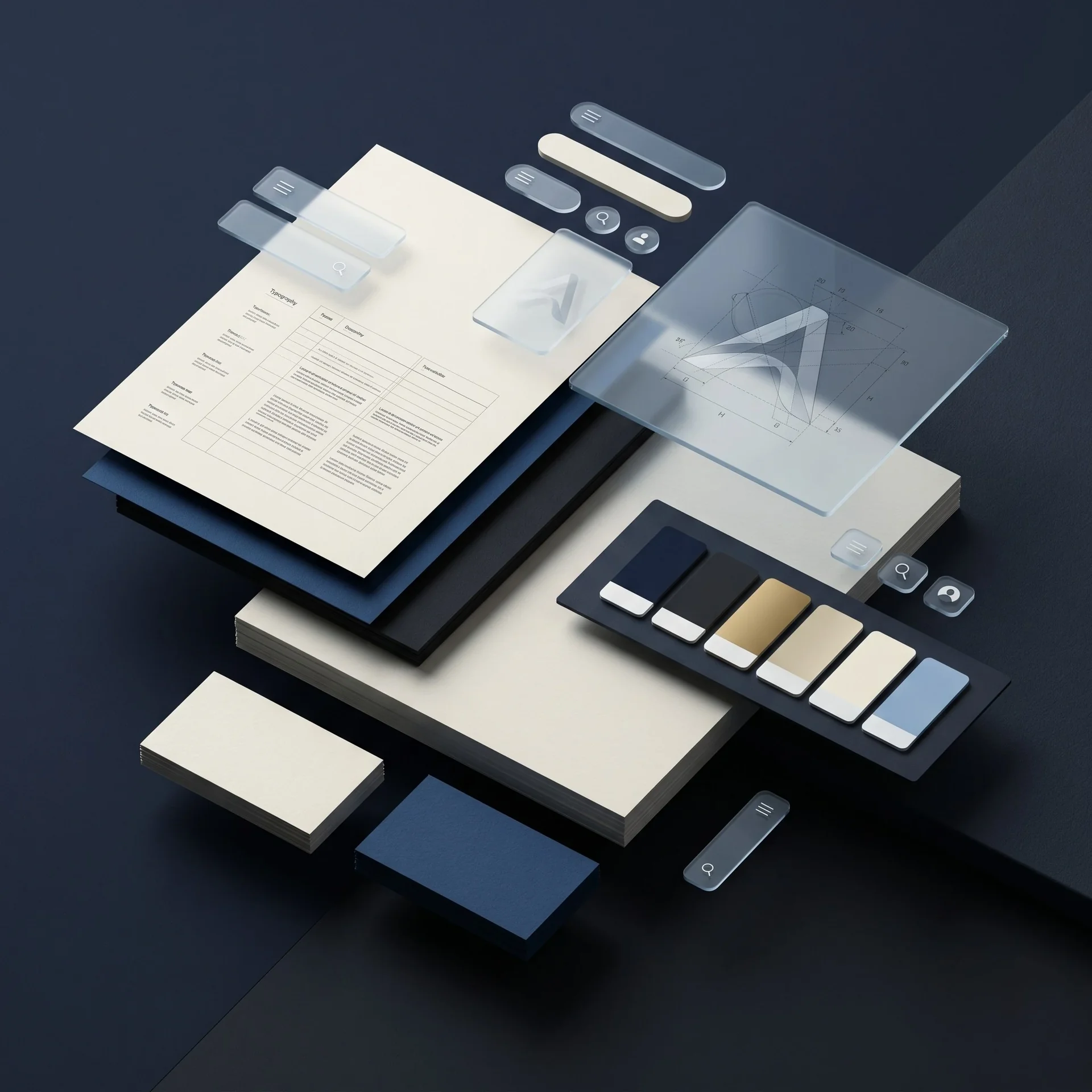 Premium brand identity system with layered documents, logo geometry, UI elements, and color swatches.