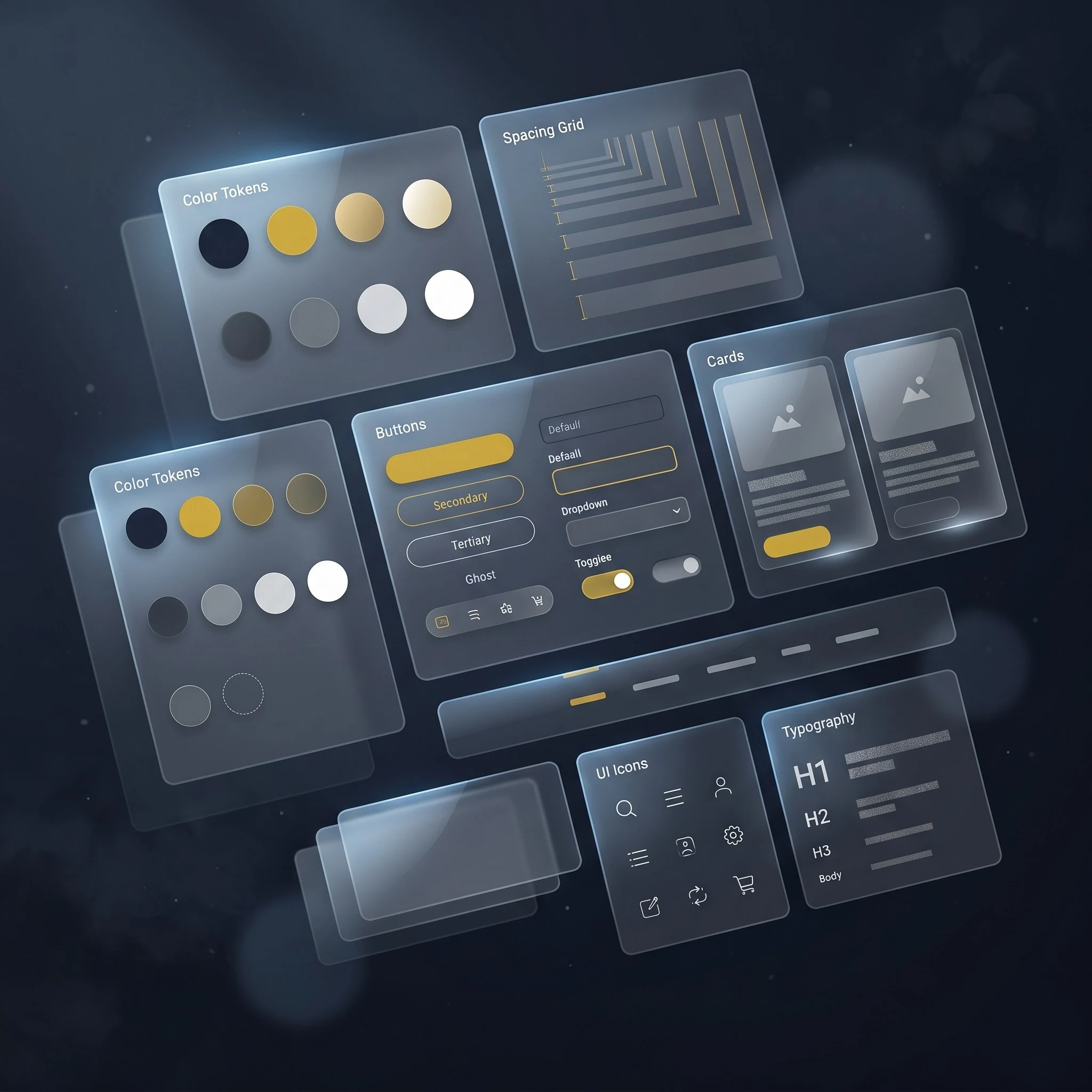 Glass design system panels with color tokens, spacing grids, buttons, cards, icons, and typography.