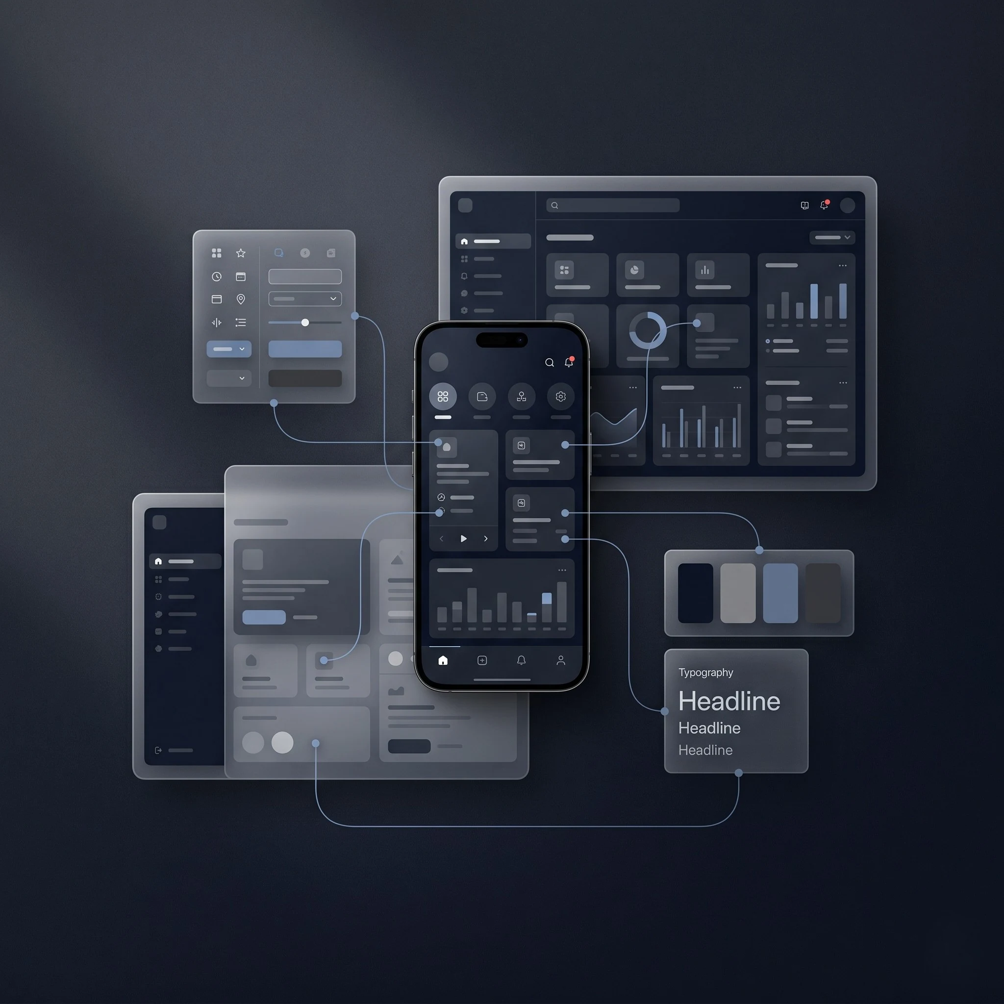 Dark product design system composition with mobile app, dashboard panels, interface controls, and typography card.