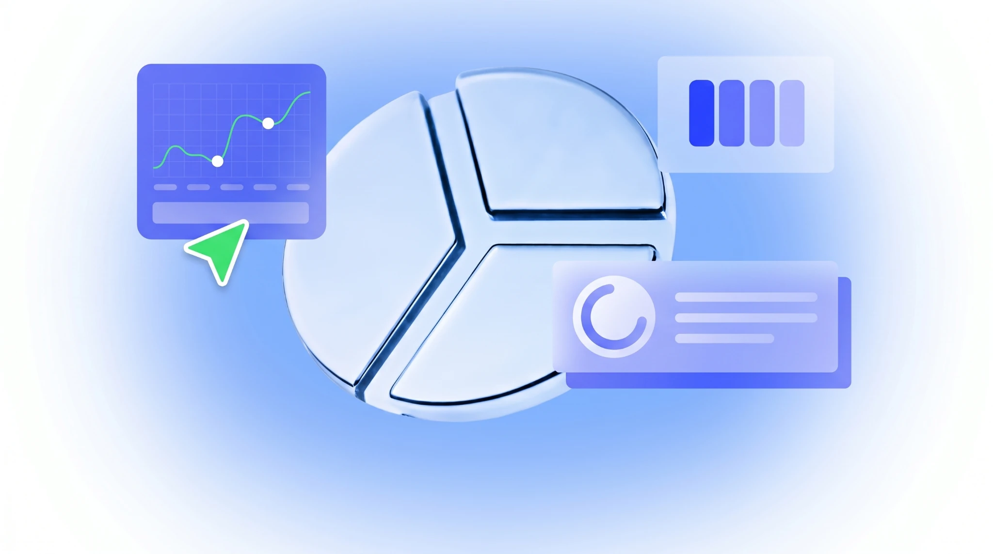 Blue analytics artwork with dashboard charts, a pie chart, and conversion interface panels.