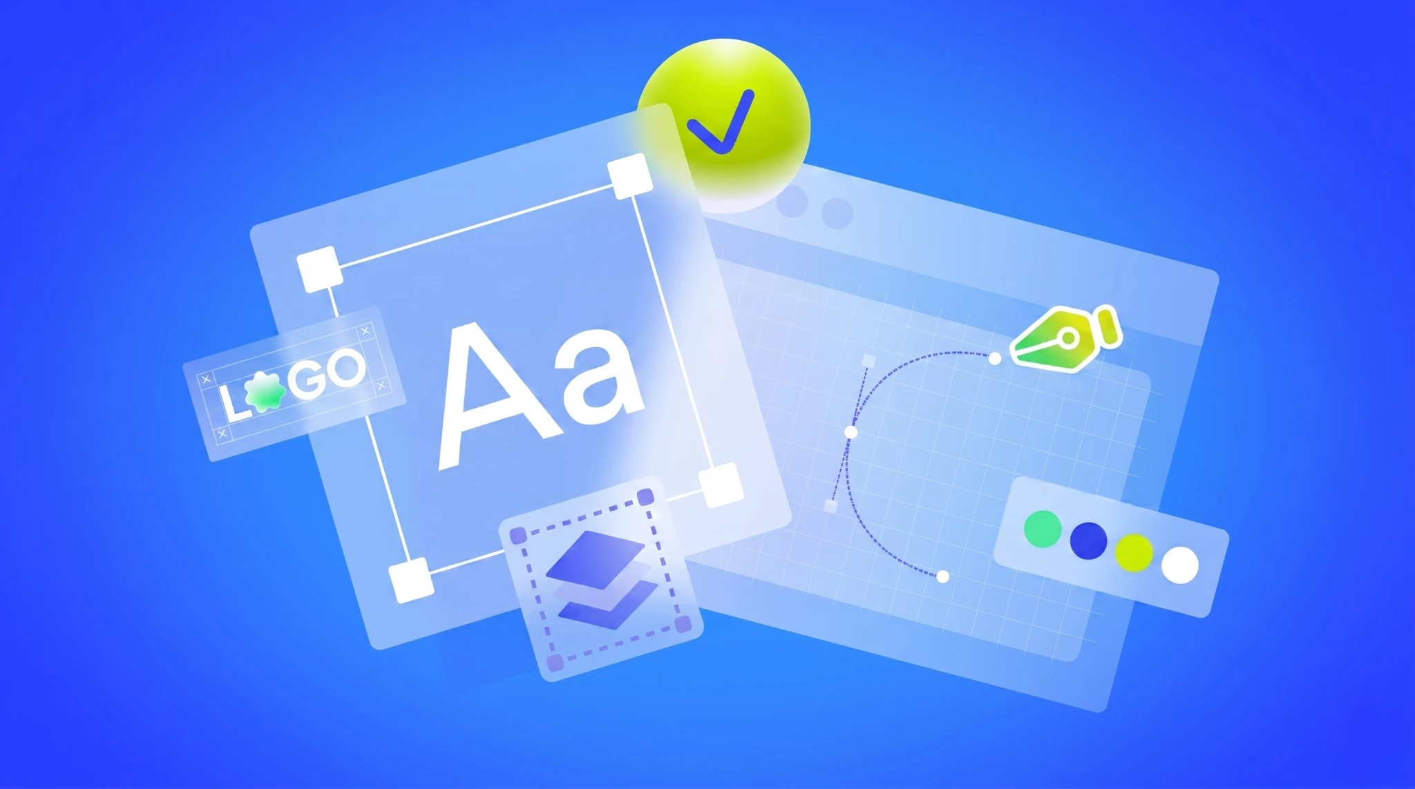 Blue branding design system artwork with logo, typography, color swatches, and interface panels.