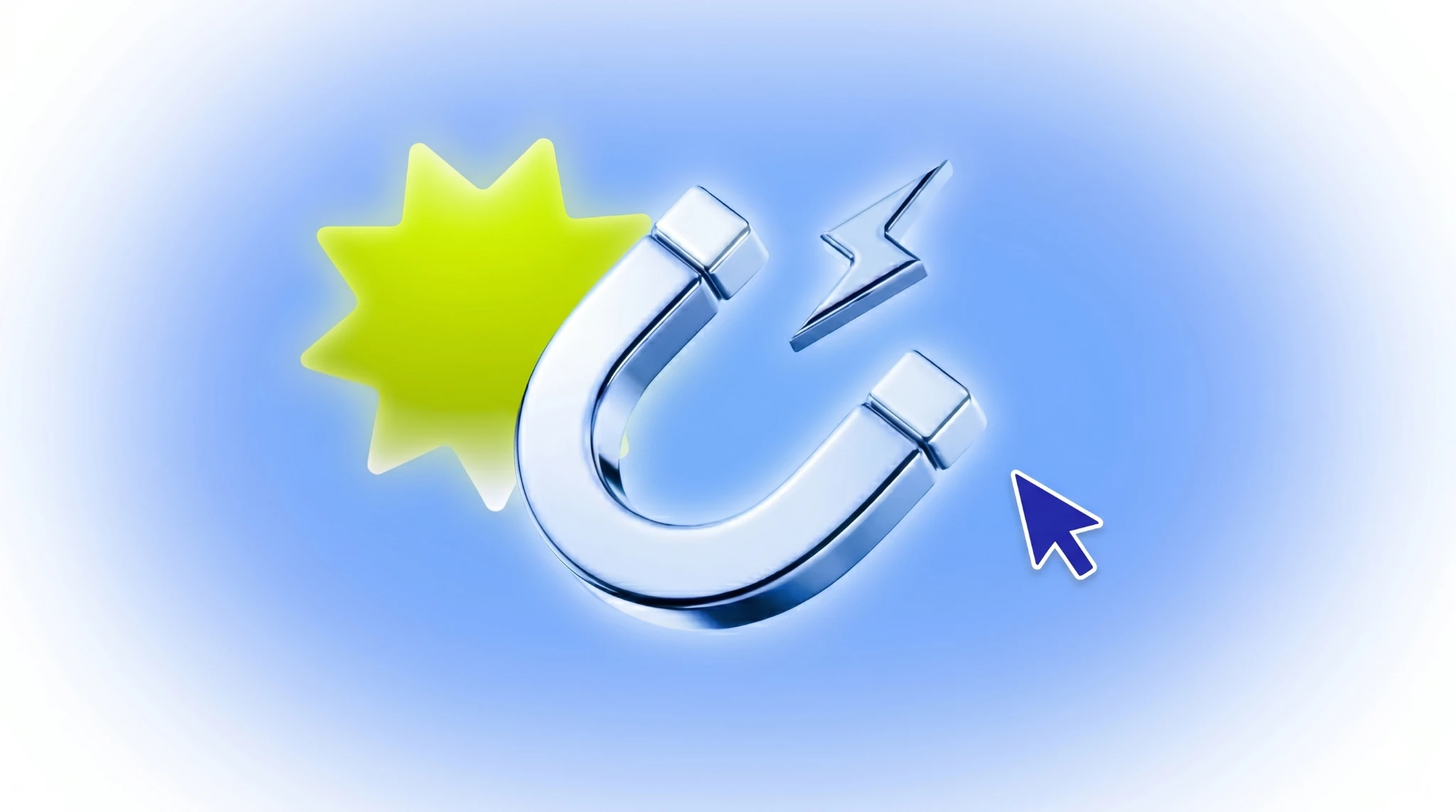 Blue lead-generation artwork with a magnet, cursor, lightning bolt, and bright star shape.