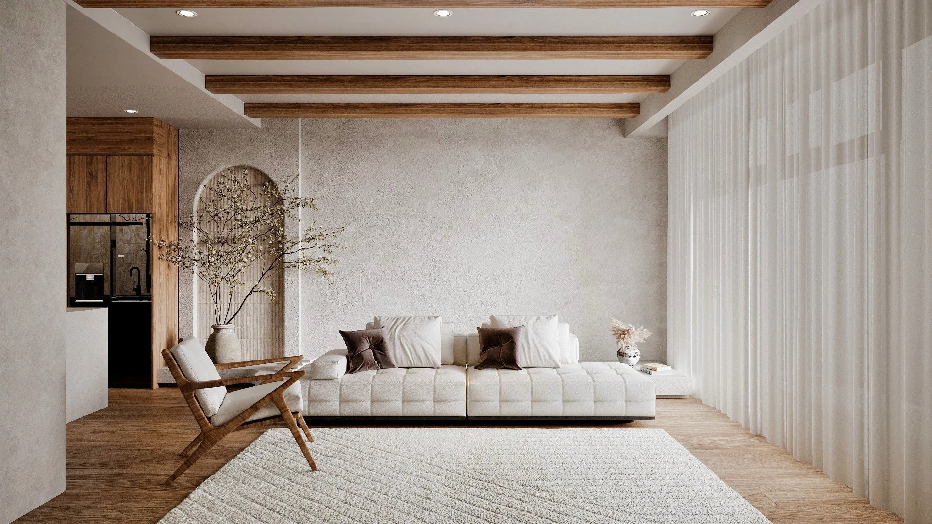 Quiet modern interior with warm wood beams, a cream sofa, soft curtains, and natural textures.